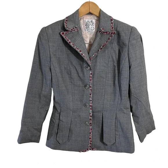 Beverly Mehe 6 Wool Blazer Jacket Gray Flower Applique Embellished Embroidered - Picture 1 of 5